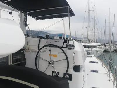 Cockpit of Adriana, a Lagoon 40 catamaran at Dubrovnik, Croatia