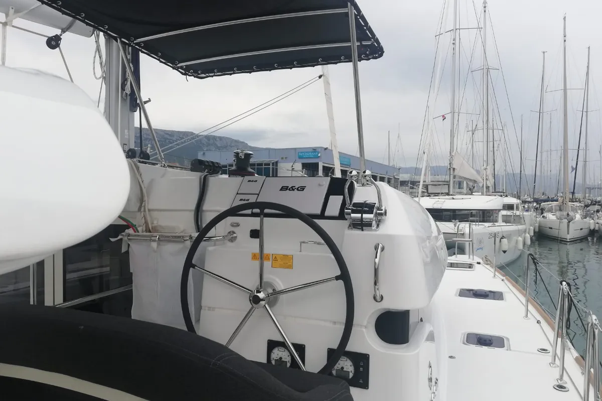 Cockpit of Adriana, a Lagoon 40 catamaran at Dubrovnik, Croatia