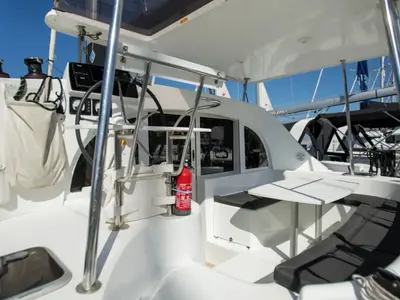 Cockpit of Ploto, a Lagoon 380 catamaran at Tropea, Italy