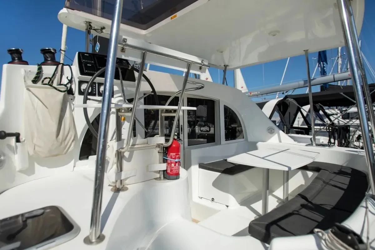 Cockpit of Ploto, a Lagoon 380 catamaran at Tropea, Italy