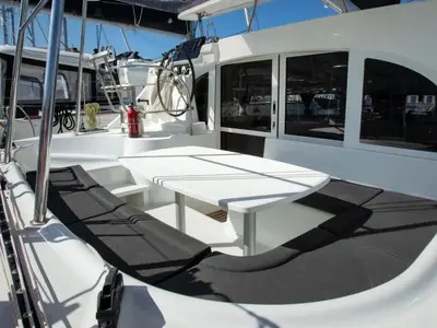 Deck of Ploto, a Lagoon 380 catamaran at Tropea, Italy