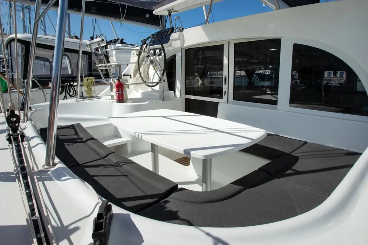 Deck of Ploto, a Lagoon 380 catamaran at Tropea, Italy