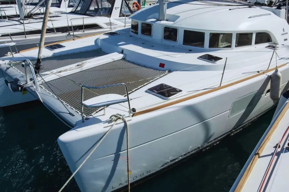 Exterior view of Ploto, a Lagoon 380 catamaran at Tropea, Italy