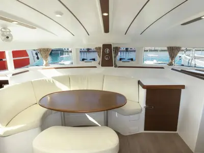 Salon of Ploto, a Lagoon 380 catamaran at Tropea, Italy