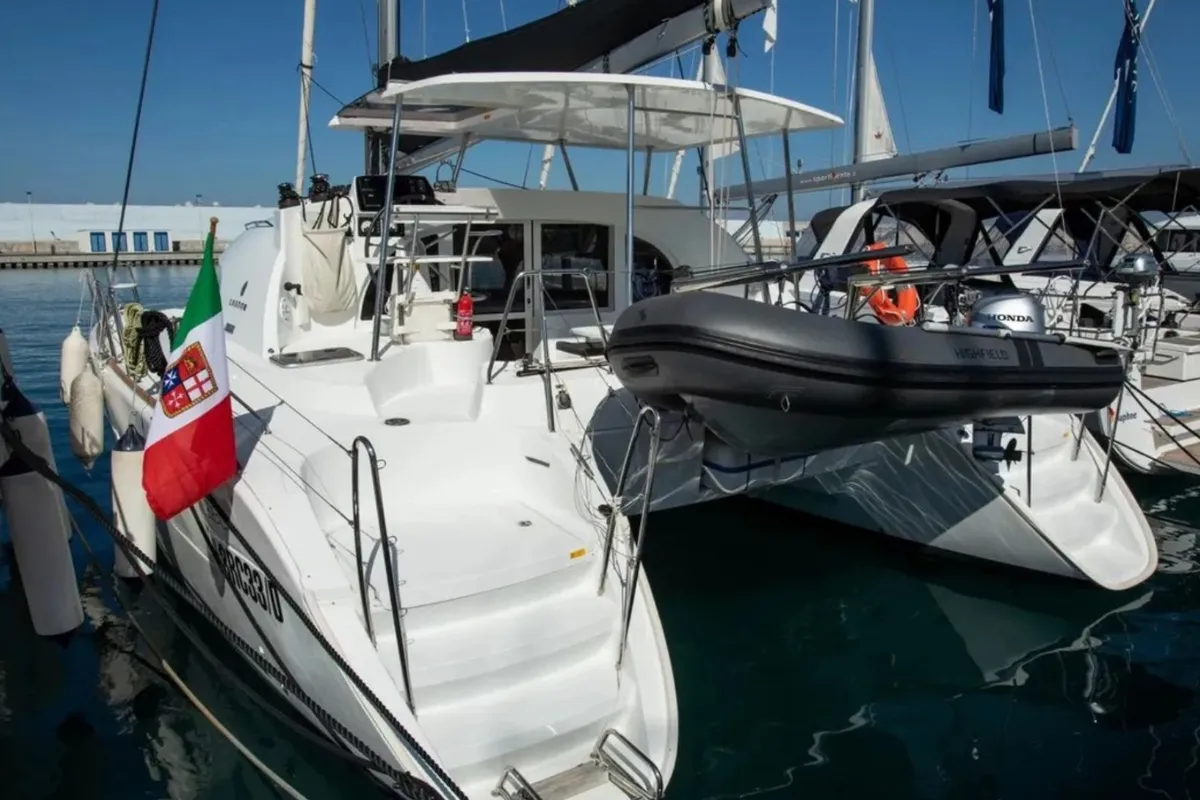 Exterior view of Ploto, a Lagoon 380 catamaran at Tropea, Italy