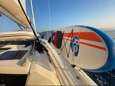Deck of Avajava, a Dufour 390 sailboat at Tonnarella, Italy