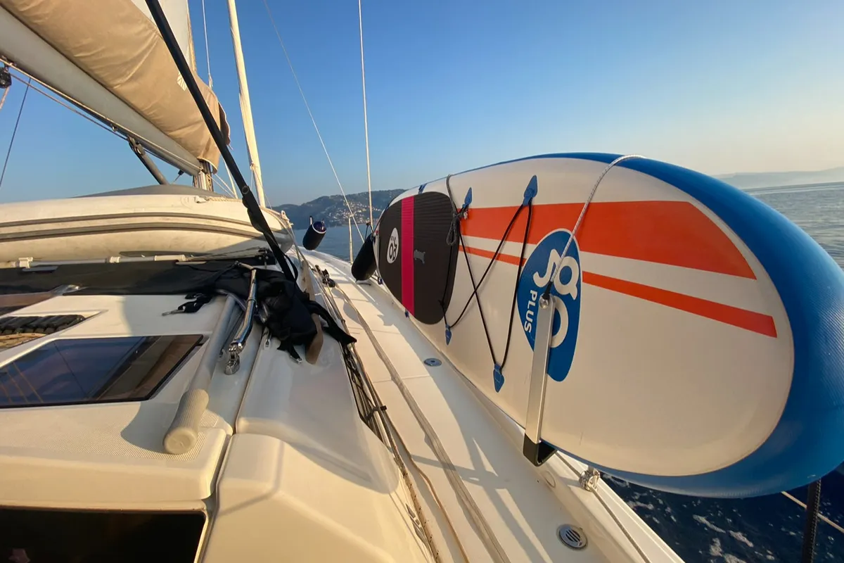 Deck of Avajava, a Dufour 390 sailboat at Tonnarella, Italy