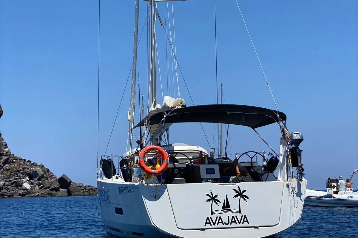 Exterior view of Avajava, a Dufour 390 sailboat at Tonnarella, Italy