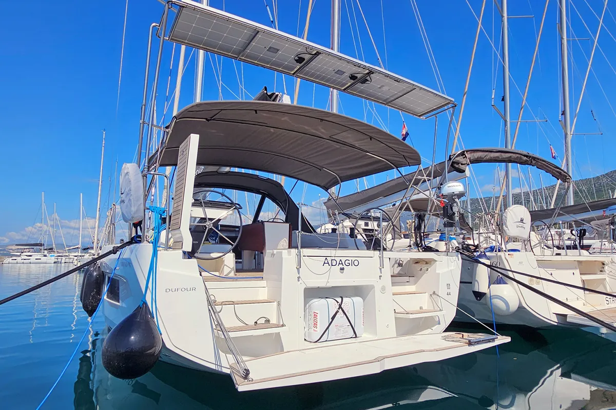 Exterior view of Adagio, a Dufour 44 sailboat at Kaštela, Croatia