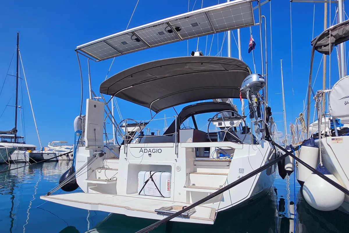 Exterior view of Adagio, a Dufour 44 sailboat at Kaštela, Croatia
