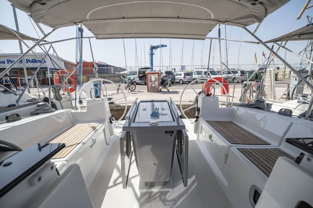 Cockpit of Passepartout, a Beneteau Oceanis 41.1 sailboat at Port de Pollença, Spain
