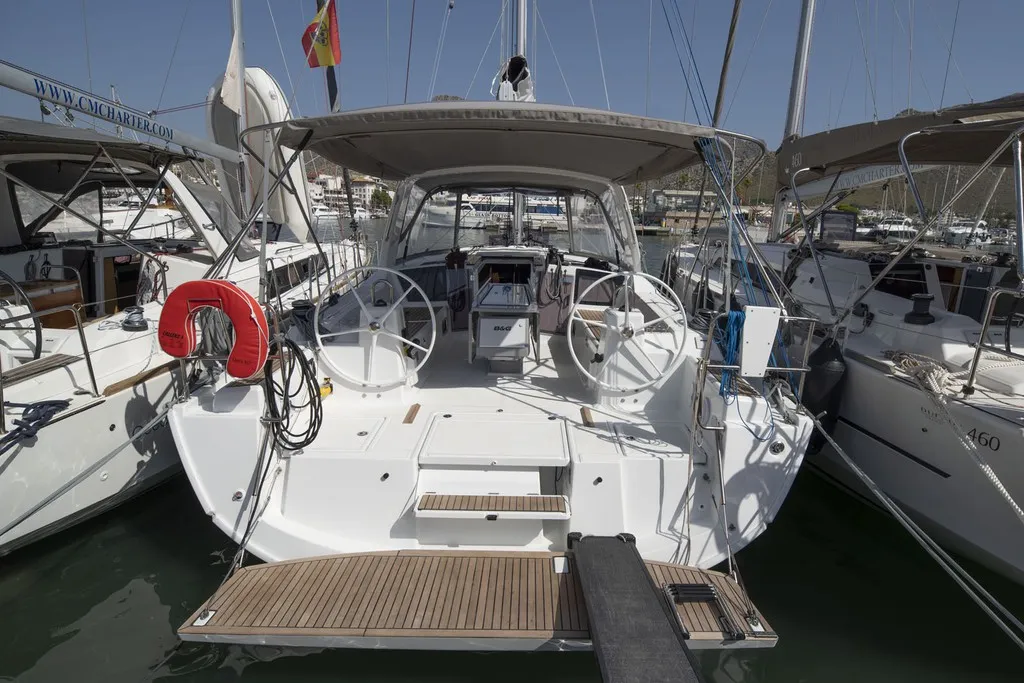 Exterior view of Passepartout, a Beneteau Oceanis 41.1 sailboat at Port de Pollença, Spain