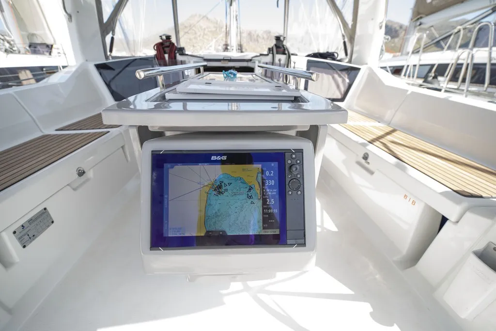 Cockpit of Passepartout, a Beneteau Oceanis 41.1 sailboat at Port de Pollença, Spain