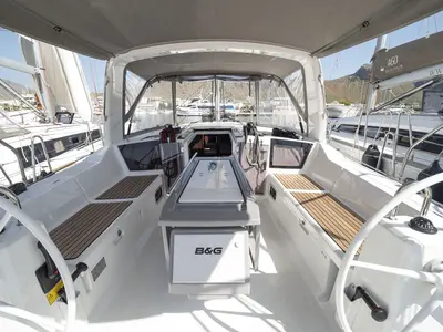 Cockpit of Passepartout, a Beneteau Oceanis 41.1 sailboat at Port de Pollença, Spain