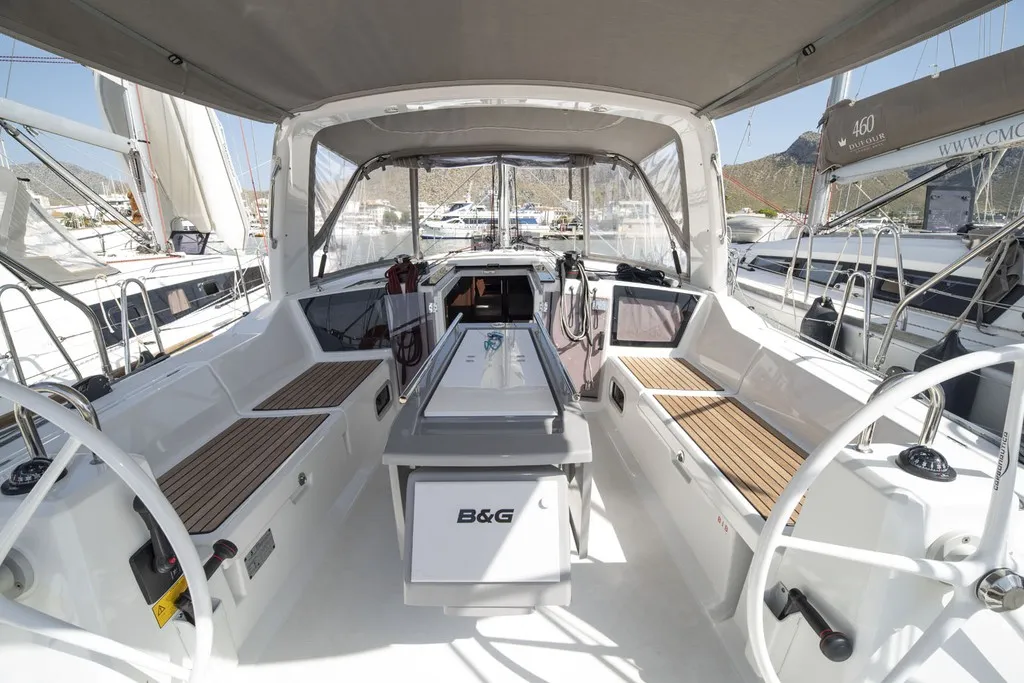 Cockpit of Passepartout, a Beneteau Oceanis 41.1 sailboat at Port de Pollença, Spain