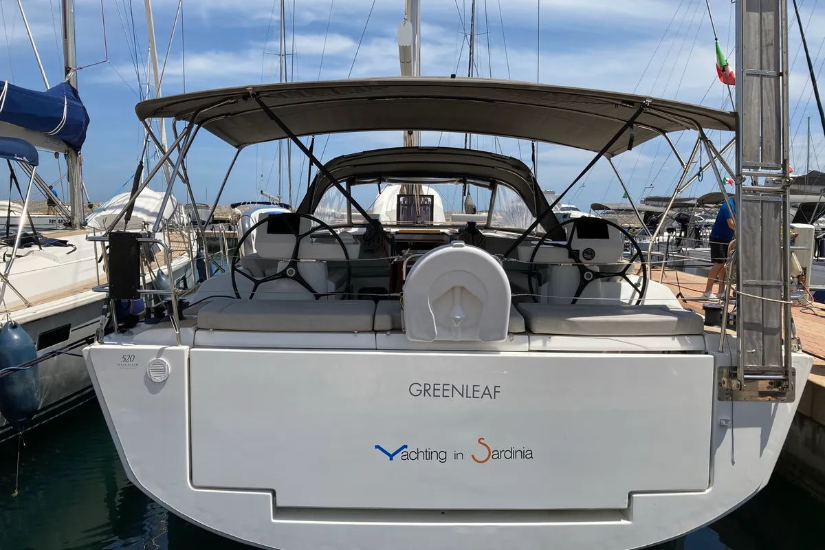 Exterior view of Greenleaf, a Dufour 520 GL sailboat at Olbia, Italy