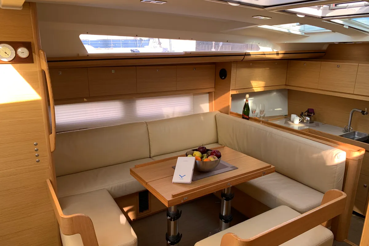 Salon of Greenleaf, a Dufour 520 GL sailboat at Olbia, Italy