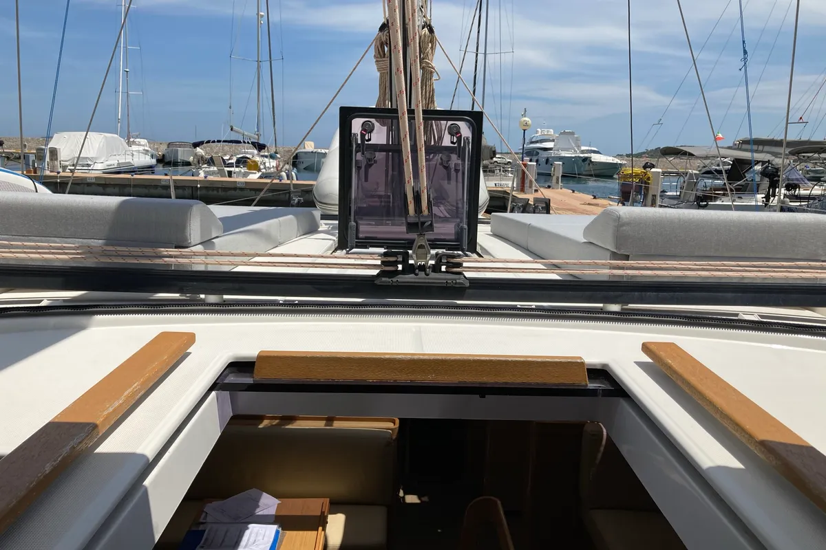 Deck of Greenleaf, a Dufour 520 GL sailboat at Olbia, Italy