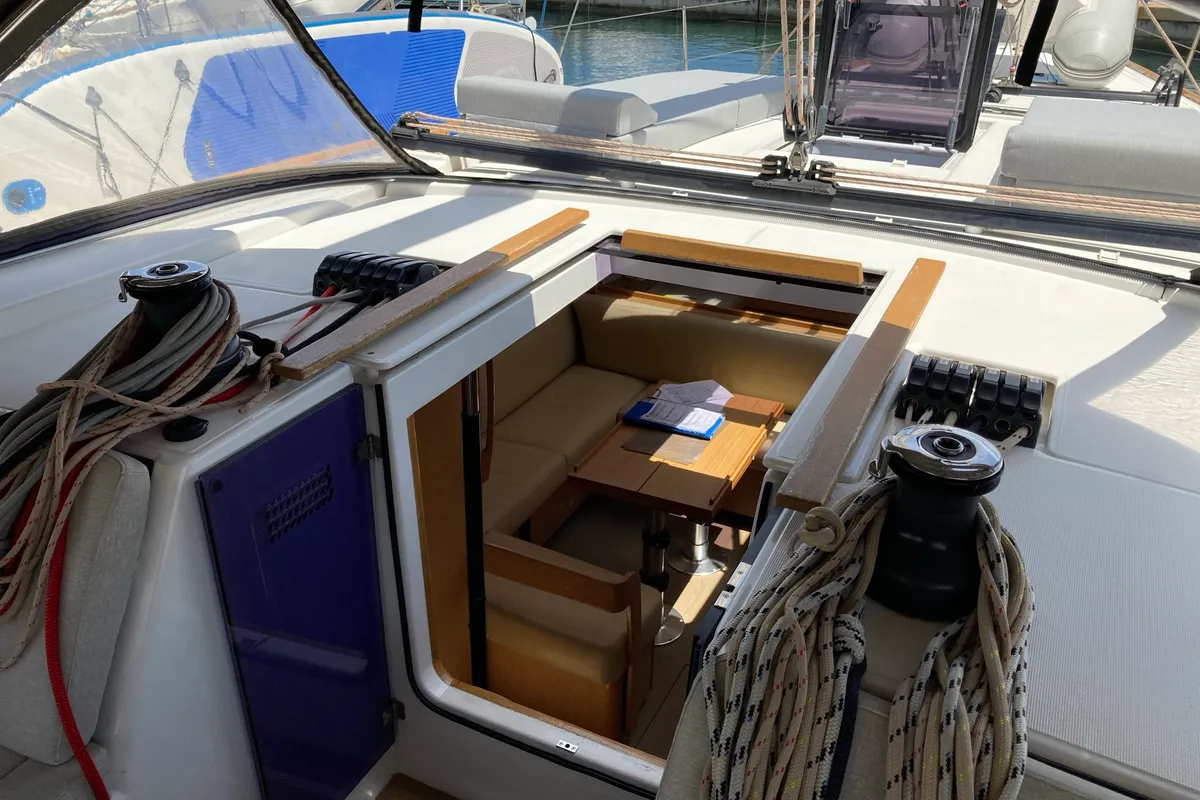 Deck of Greenleaf, a Dufour 520 GL sailboat at Olbia, Italy