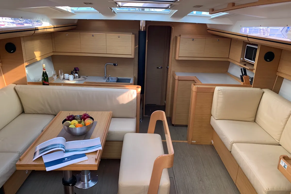 Salon of Greenleaf, a Dufour 520 GL sailboat at Olbia, Italy