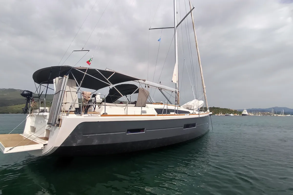 Exterior view of Greenleaf, a Dufour 520 GL sailboat at Olbia, Italy