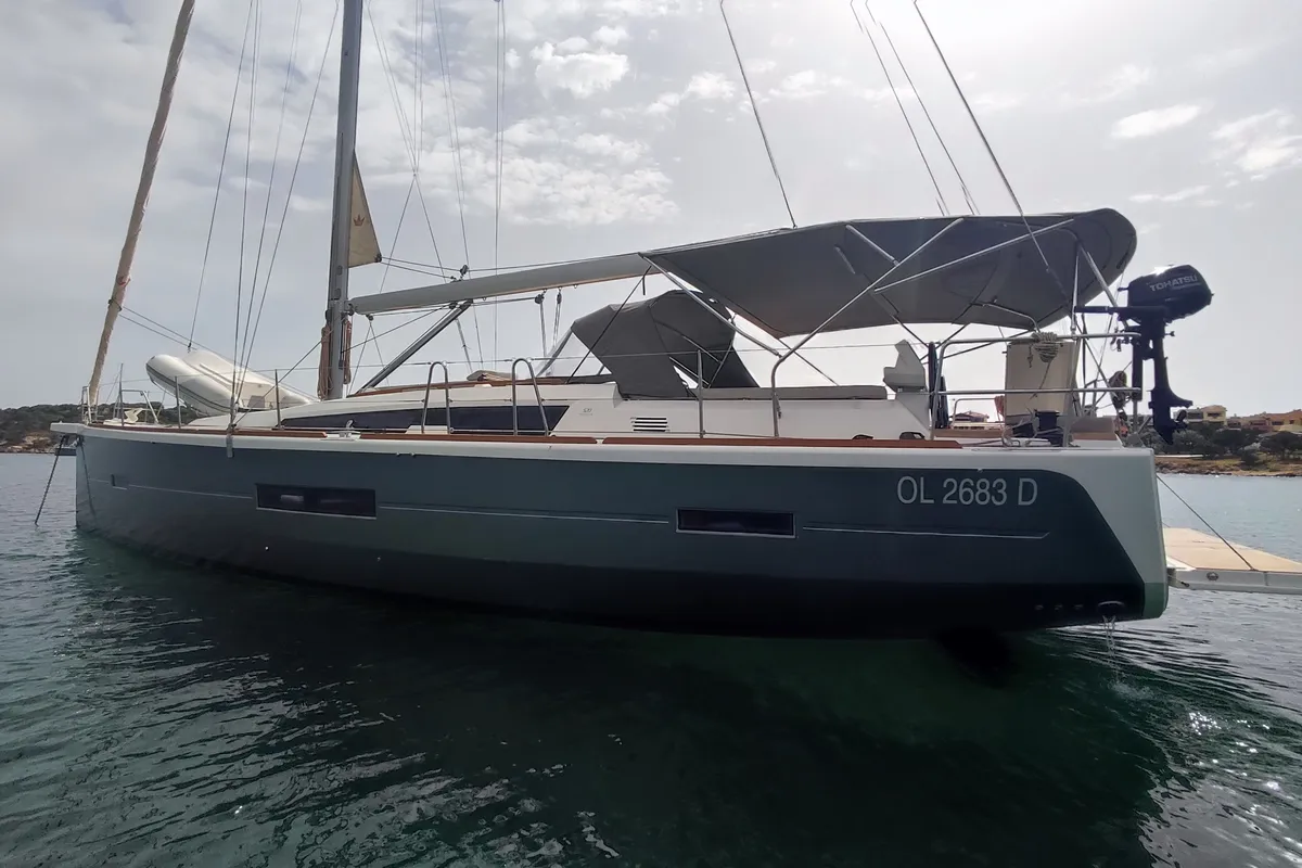 Exterior view of Greenleaf, a Dufour 520 GL sailboat at Olbia, Italy