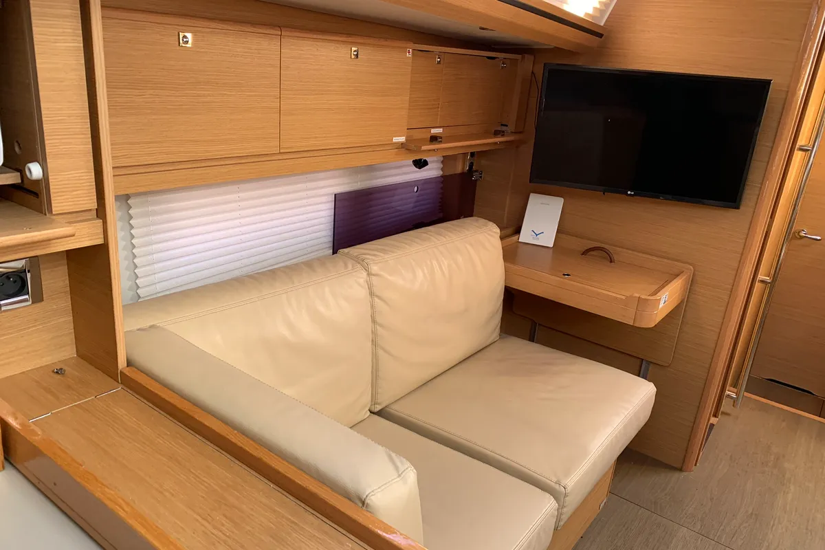 Salon of Greenleaf, a Dufour 520 GL sailboat at Olbia, Italy