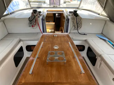 Deck of Greenleaf, a Dufour 520 GL sailboat at Olbia, Italy