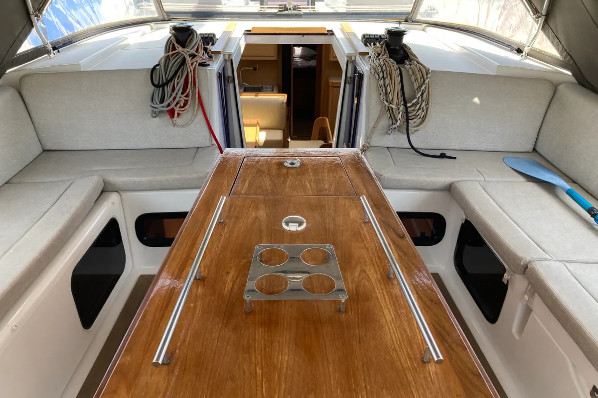 Deck of Greenleaf, a Dufour 520 GL sailboat at Olbia, Italy
