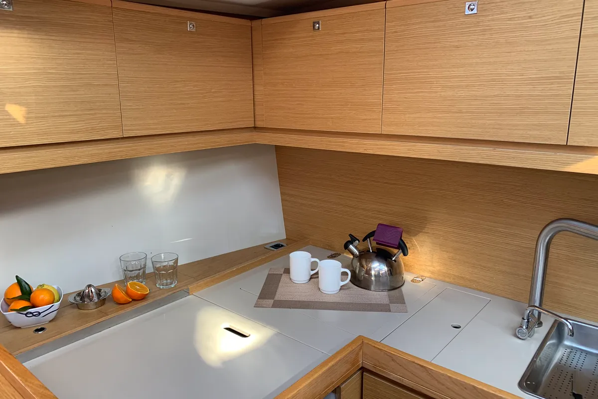 Galley of Greenleaf, a Dufour 520 GL sailboat at Olbia, Italy