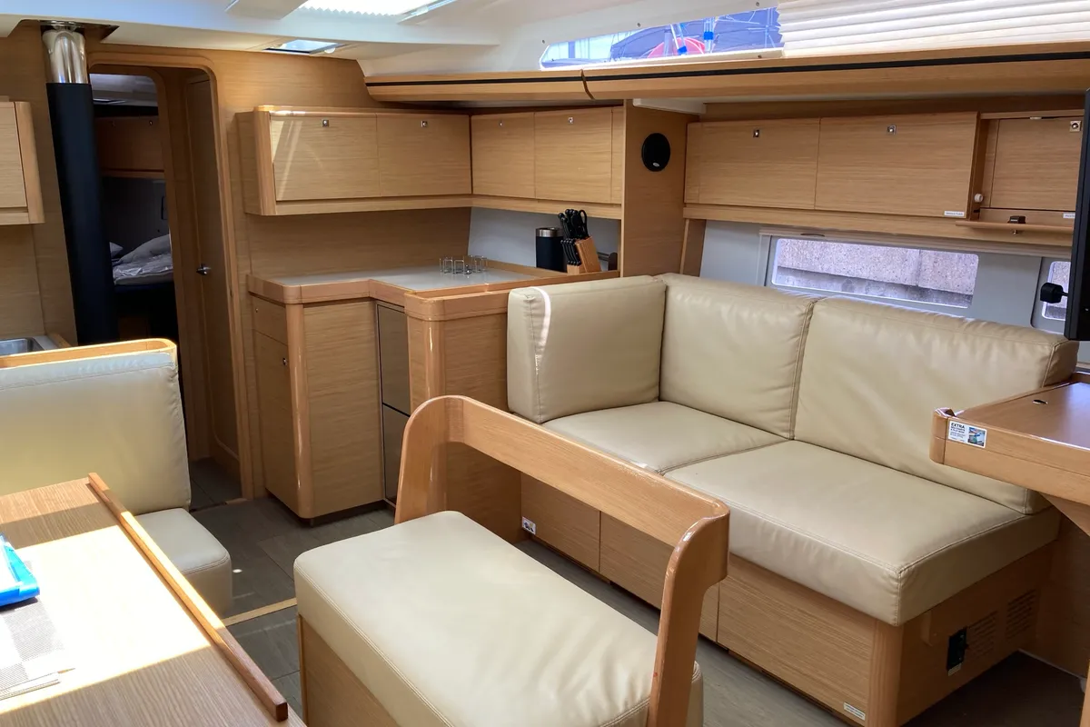 Salon of Greenleaf, a Dufour 520 GL sailboat at Olbia, Italy