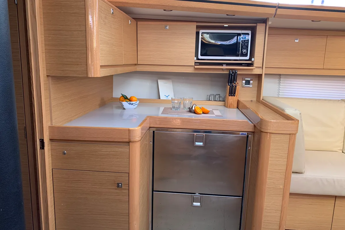 Galley of Greenleaf, a Dufour 520 GL sailboat at Olbia, Italy