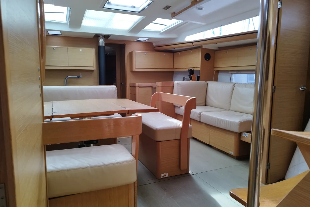 Salon of Greenleaf, a Dufour 520 GL sailboat at Olbia, Italy