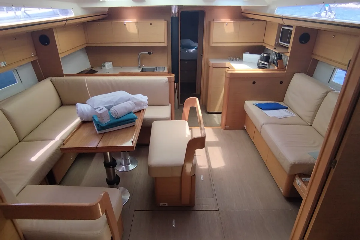 Salon of Greenleaf, a Dufour 520 GL sailboat at Olbia, Italy