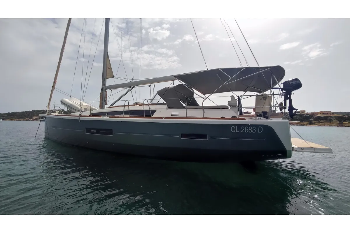 Exterior view of Greenleaf, a Dufour 520 GL sailboat at Olbia, Italy