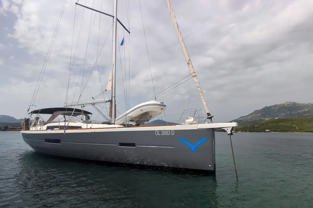 Exterior view of Greenleaf, a Dufour 520 GL sailboat at Olbia, Italy