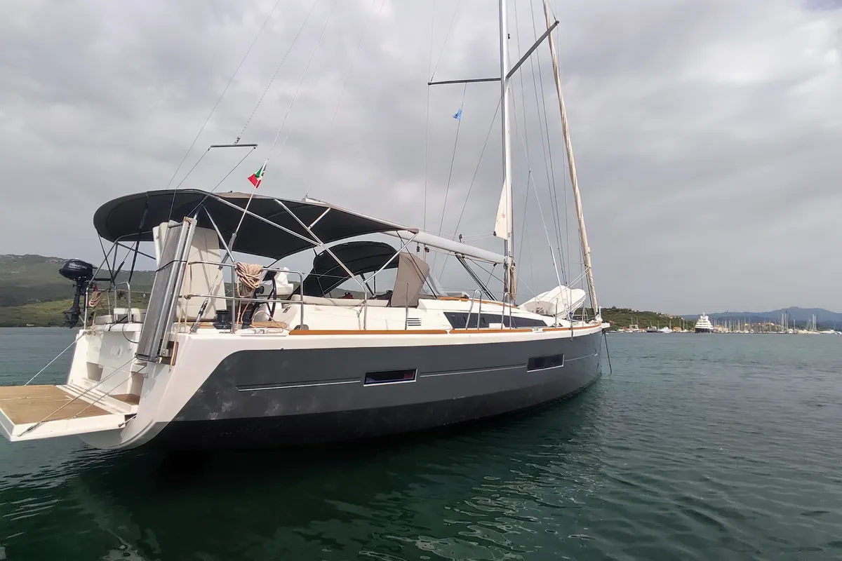 Exterior view of Greenleaf, a Dufour 520 GL sailboat at Olbia, Italy