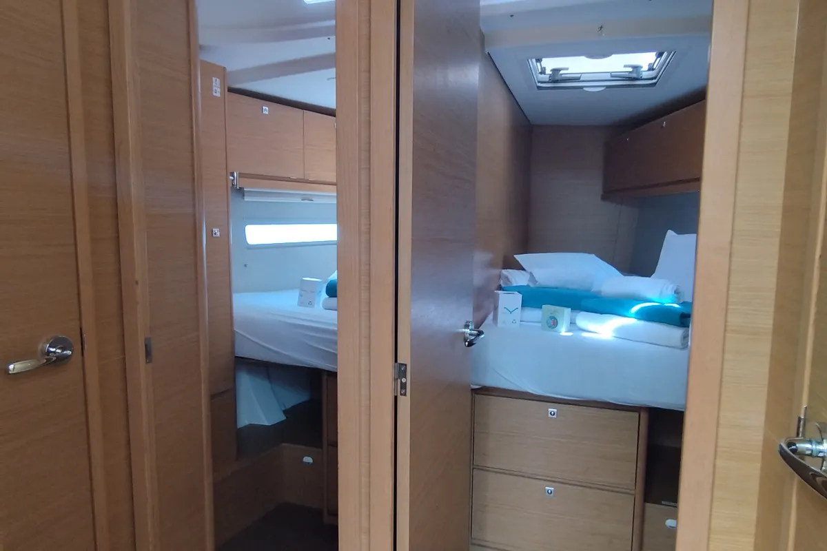 Cabin on Greenleaf, a Dufour 520 GL sailboat at Olbia, Italy