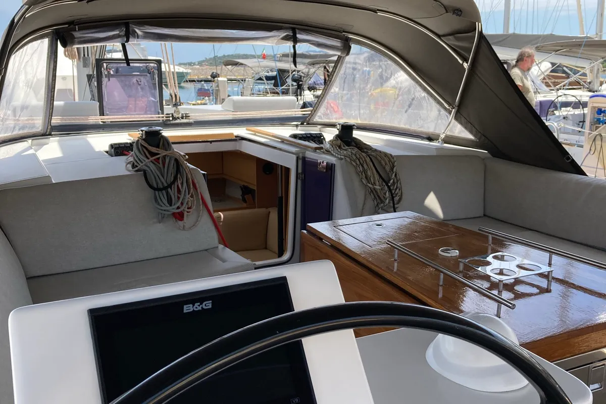 Cockpit of Greenleaf, a Dufour 520 GL sailboat at Olbia, Italy