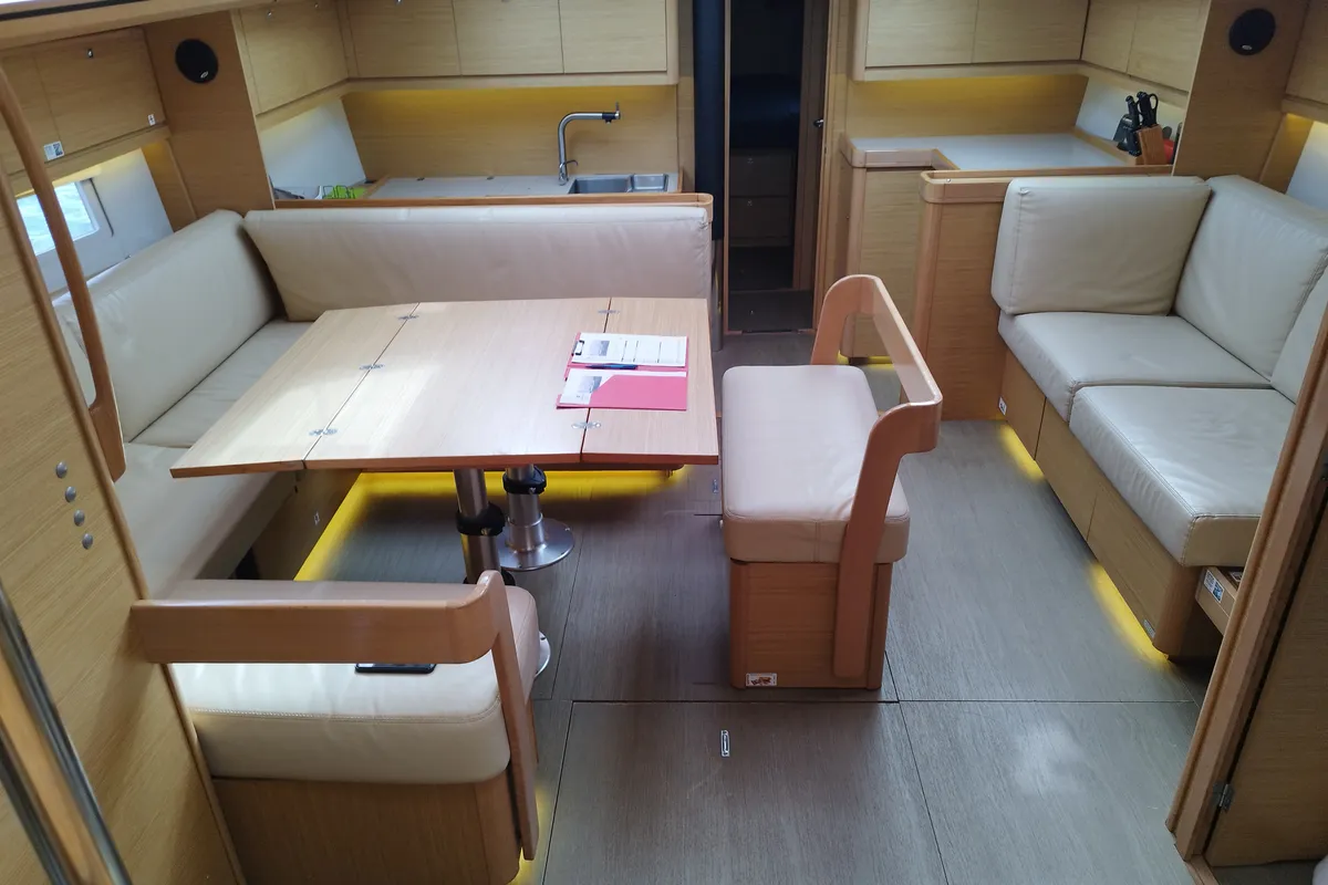 Salon of Greenleaf, a Dufour 520 GL sailboat at Olbia, Italy