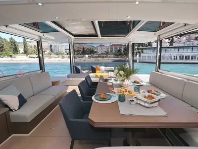 Salon of Mosè, a Bali 5.4 catamaran at Trapani, Italy