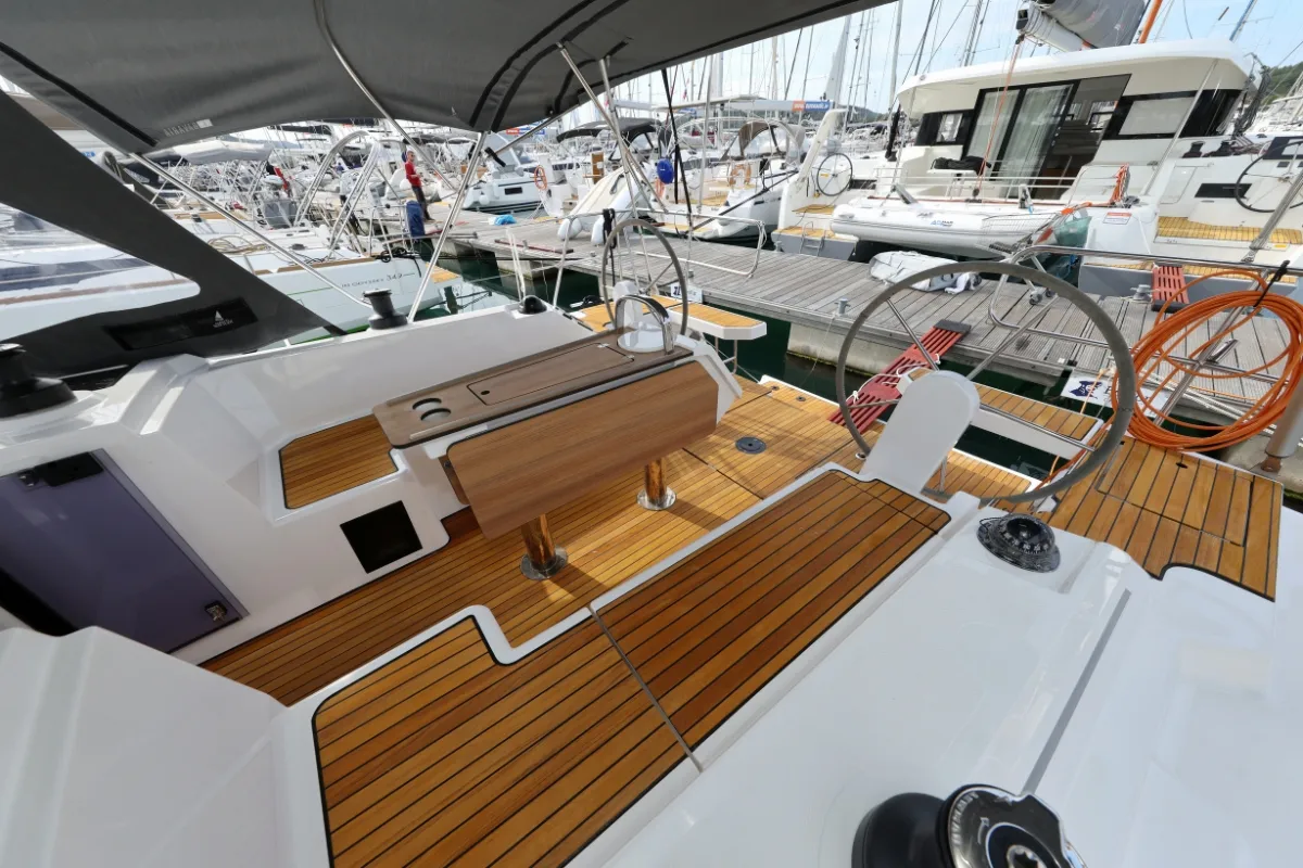 Cockpit of Freewise, a Bavaria C38 sailboat at Pirovac, Croatia