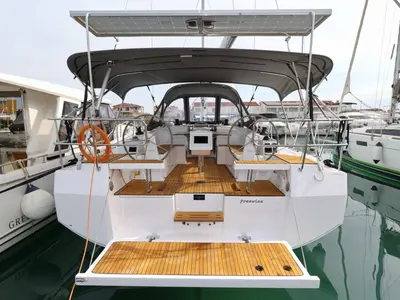 Cockpit of Freewise, a Bavaria C38 sailboat at Pirovac, Croatia