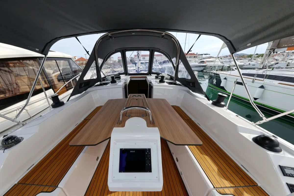 Cockpit of Freewise, a Bavaria C38 sailboat at Pirovac, Croatia