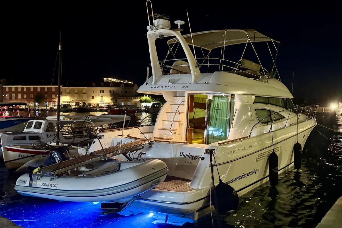 Exterior view of UNPLUGGED, a Prestige 46 Fly motor yacht at Split, Croatia