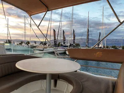Deck of UNPLUGGED, a Prestige 46 Fly motor yacht at Split, Croatia