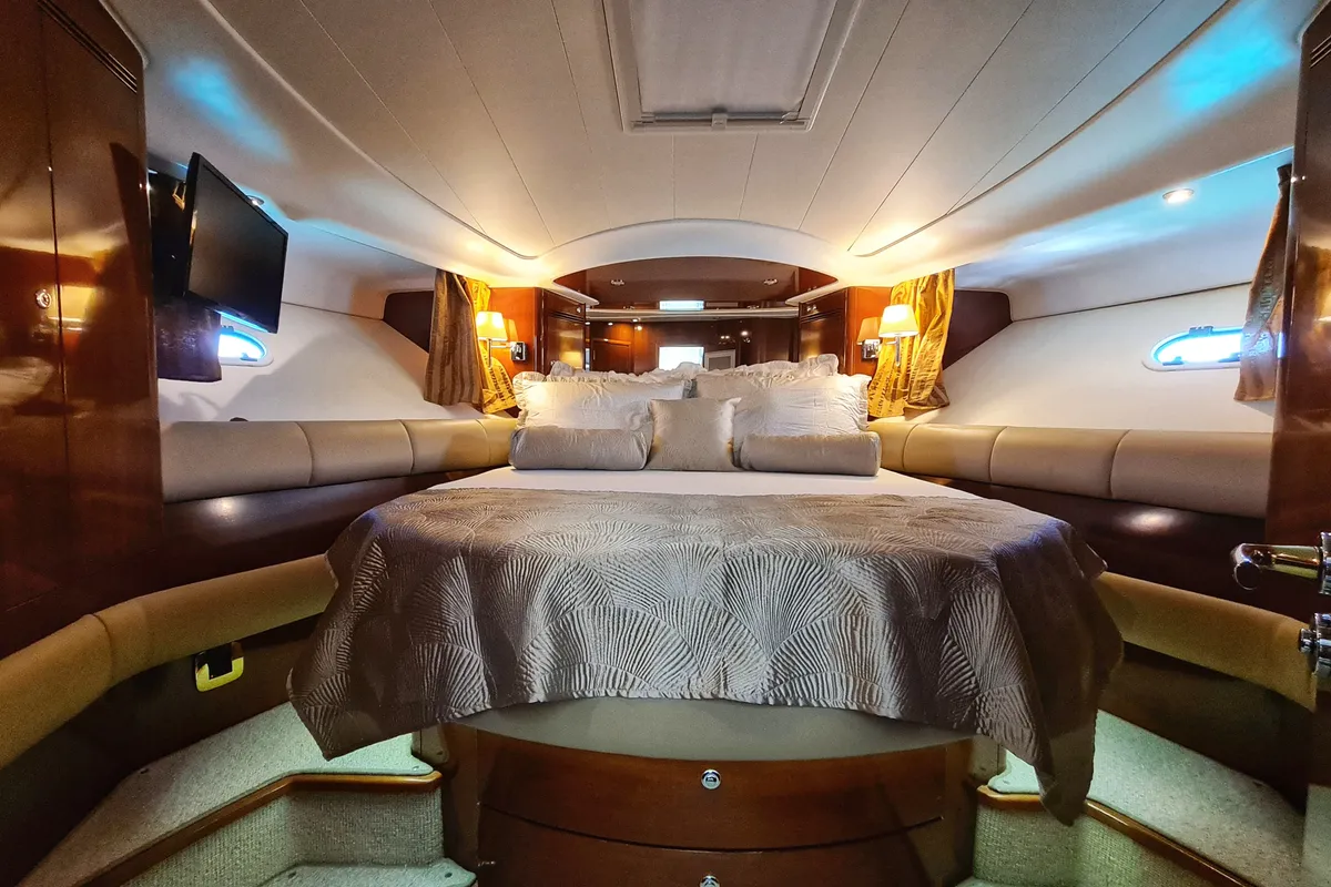 Cabin on UNPLUGGED, a Prestige 46 Fly motor yacht at Split, Croatia
