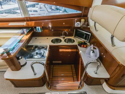 Galley of UNPLUGGED, a Prestige 46 Fly motor yacht at Split, Croatia