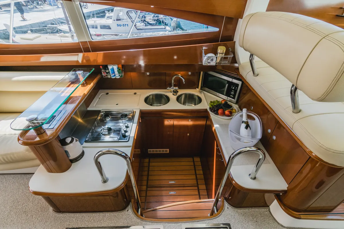 Galley of UNPLUGGED, a Prestige 46 Fly motor yacht at Split, Croatia