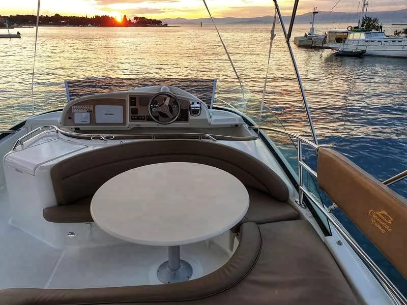 Deck of UNPLUGGED, a Prestige 46 Fly motor yacht at Split, Croatia